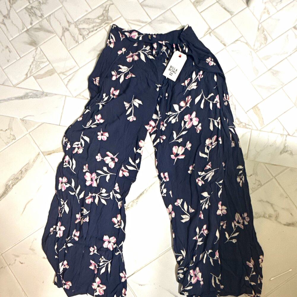 Y2K Billabong Floral Wide-Leg Open Split Pants Navy Pink White Elastic Waist L